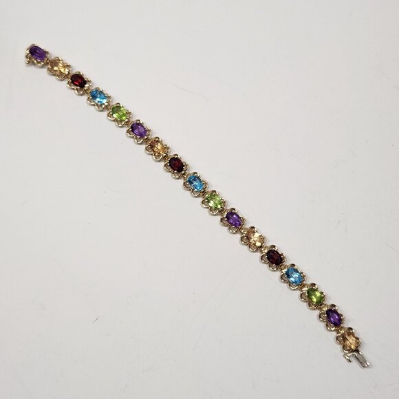 14K Solid Yellow Gold Multicolored Stone Flower Design Bracelet 7" - Picture 3 of 9